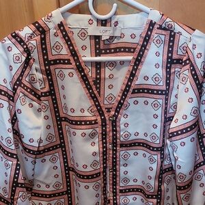 LOFT Cream Graphic Boxy Blouse with Mandarin Collar